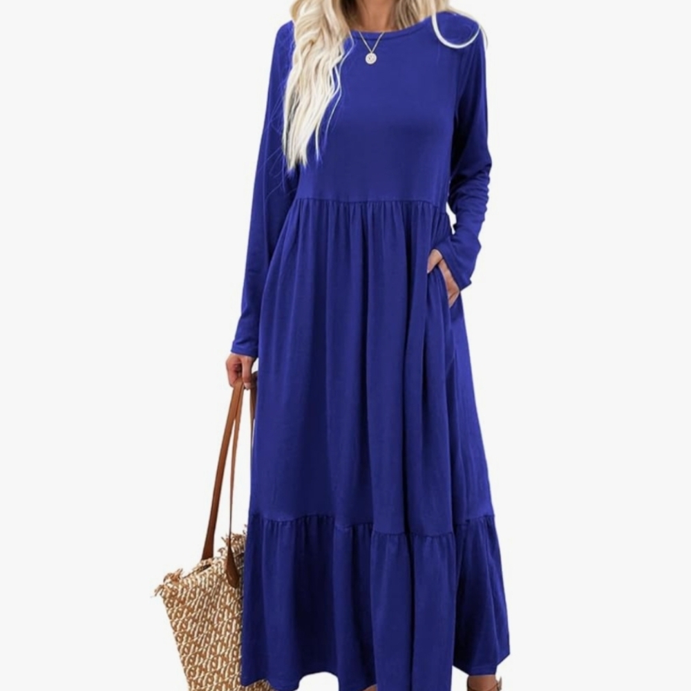 Blue Long Sleeve Dress With Pockets